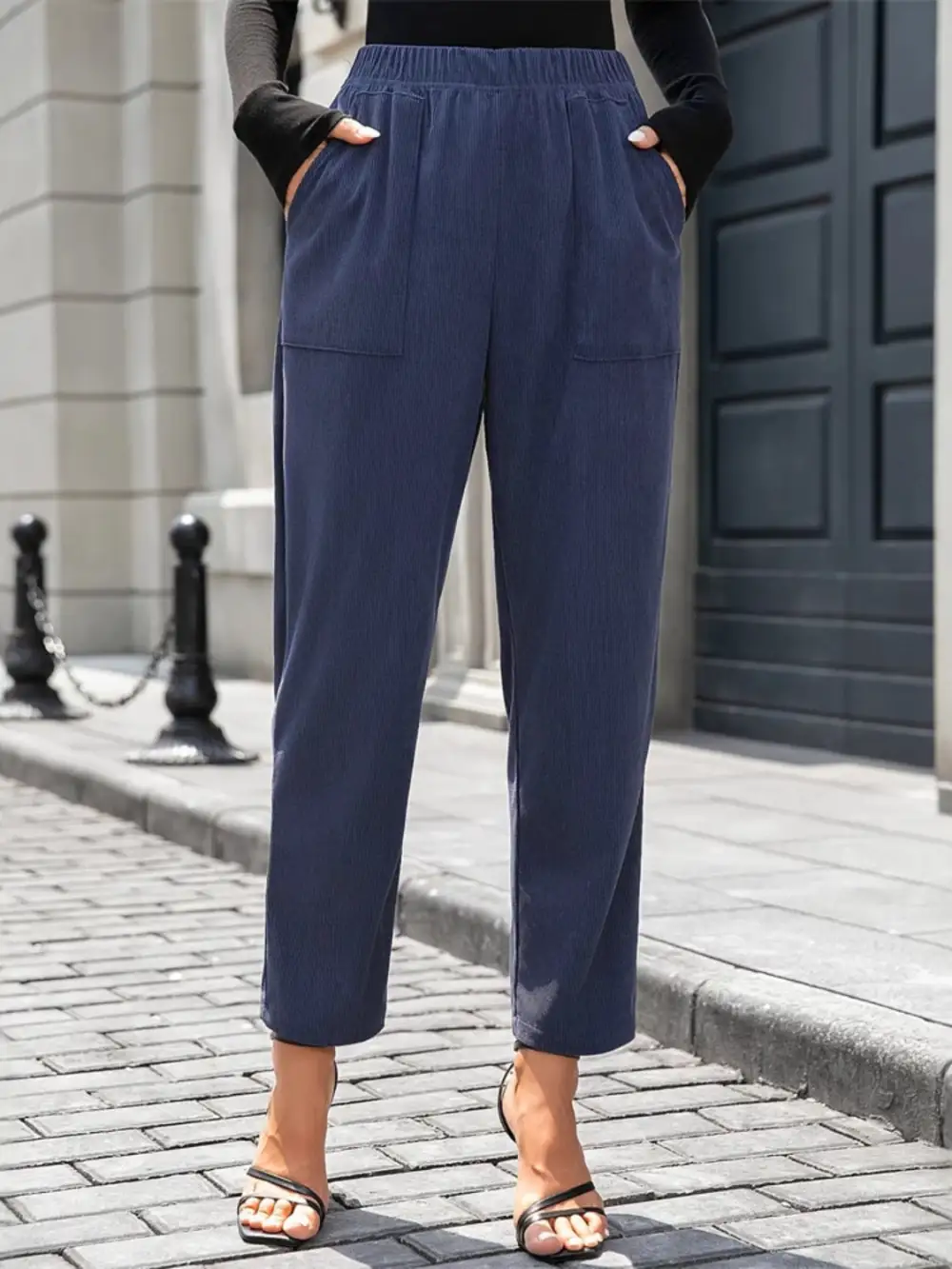 Elastic Waist Pants With Pocket
