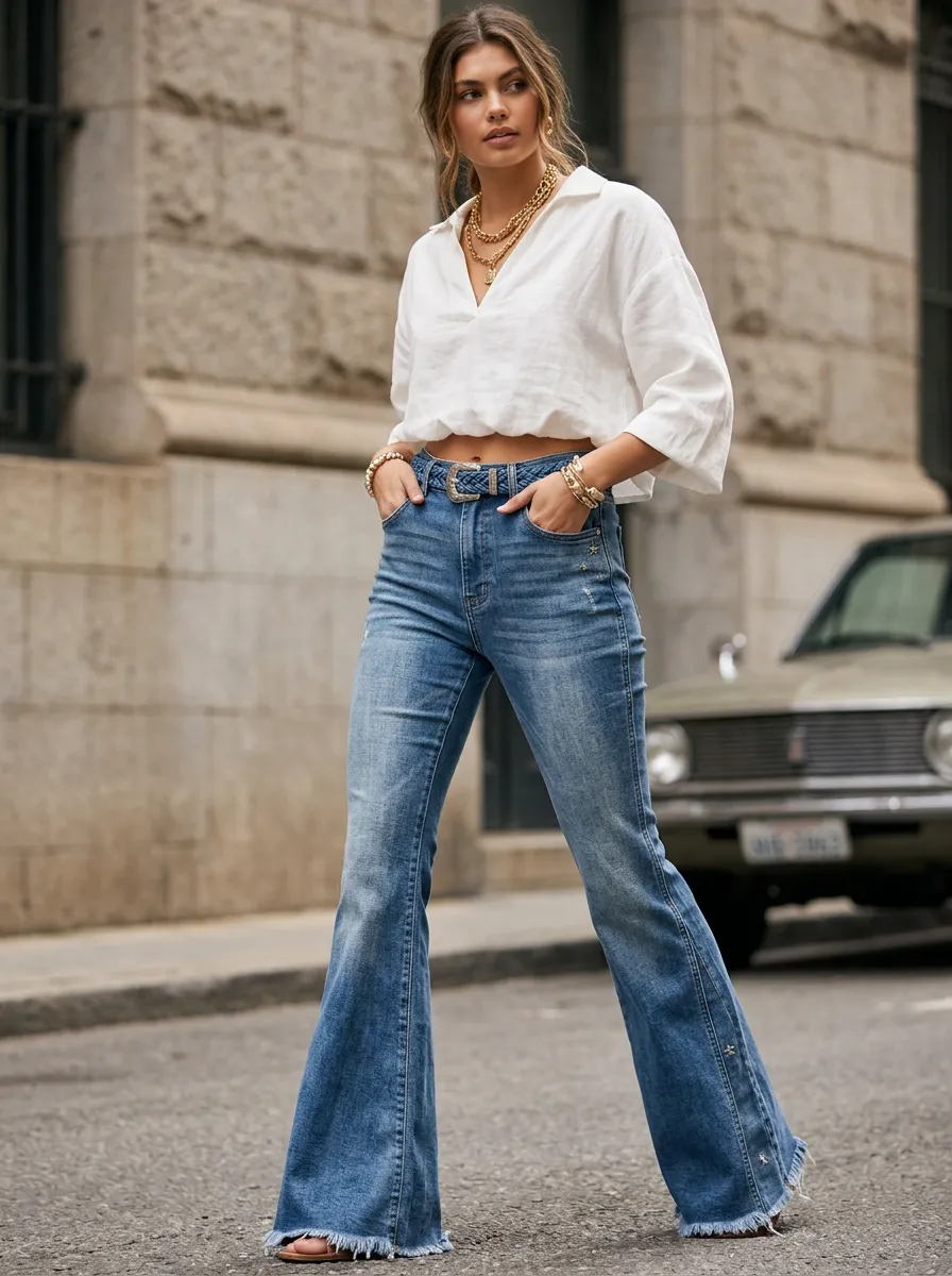 Women's Vintage Style Star Studded Frayed Hem Printed Jeans