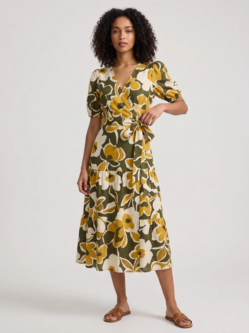 Women's Floral Botanical Olive Yellow Printed Wrap Dress