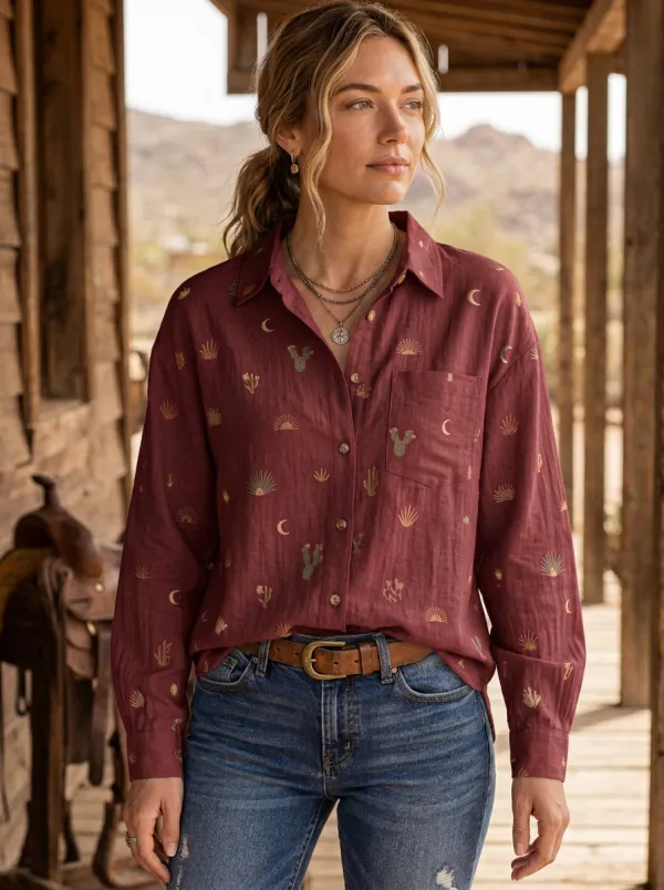 Women's Western Desert Cactus Moon Printed Cotton Linen Shirt