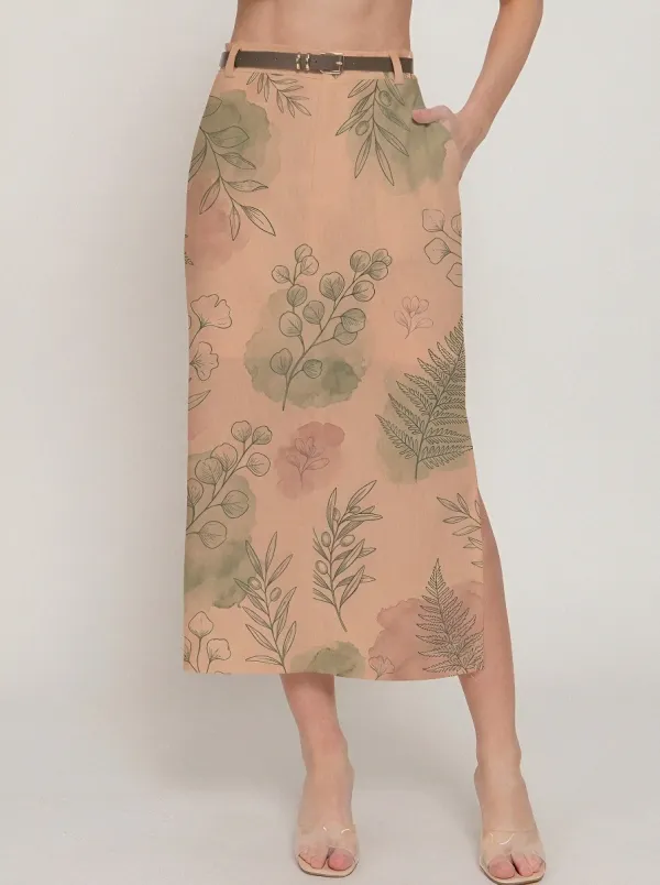 Women's Botanical Nature Lover Watercolor Leaf Printed Midi Skirt