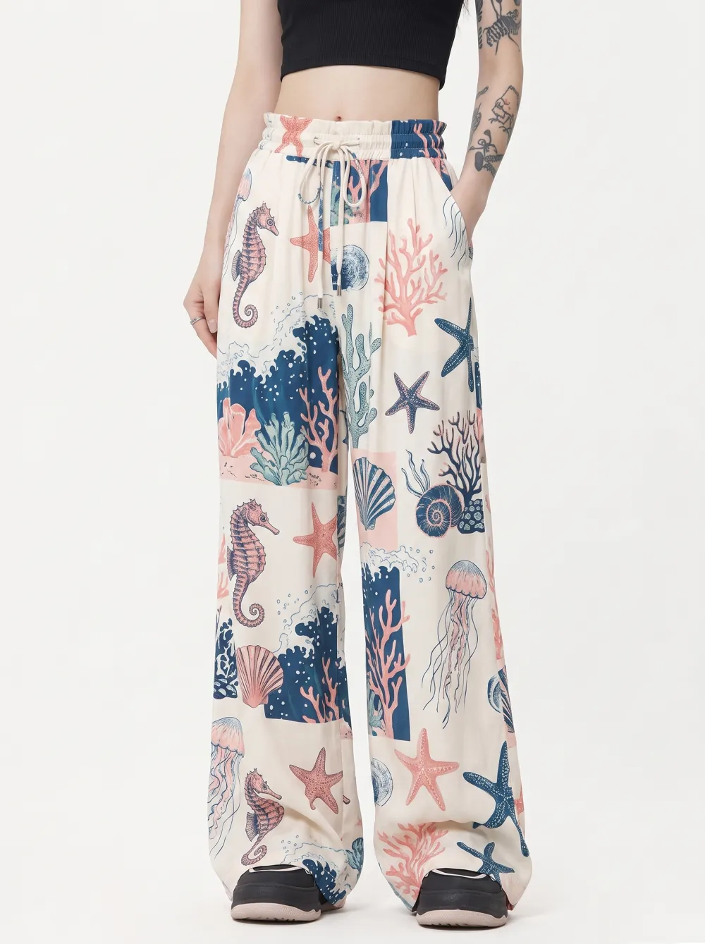 Women's Ocean Lover Seahorse Starfish Printed Wide Leg Pants