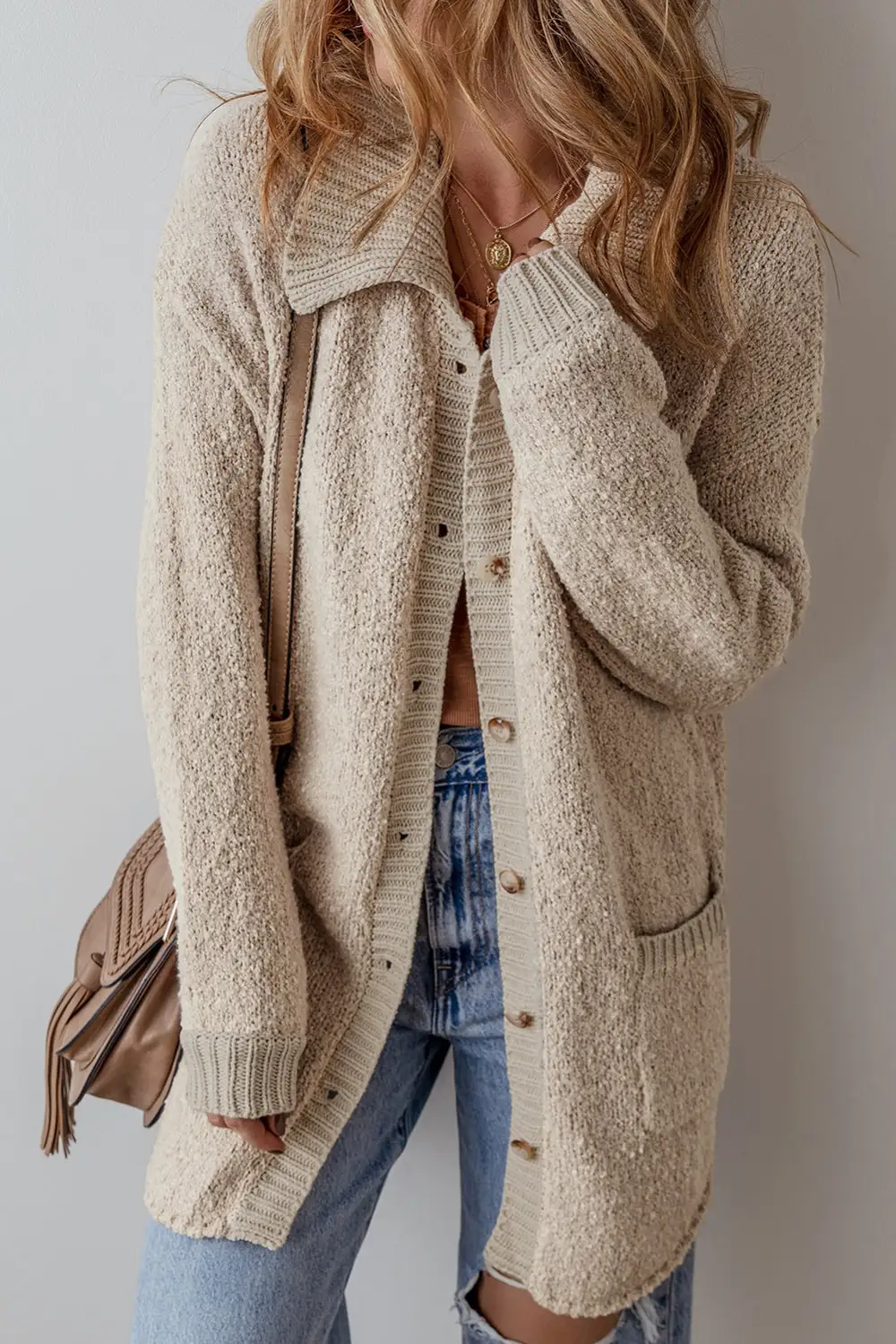 Collared Drop Shoulder Button Front Pocketed Cardigan