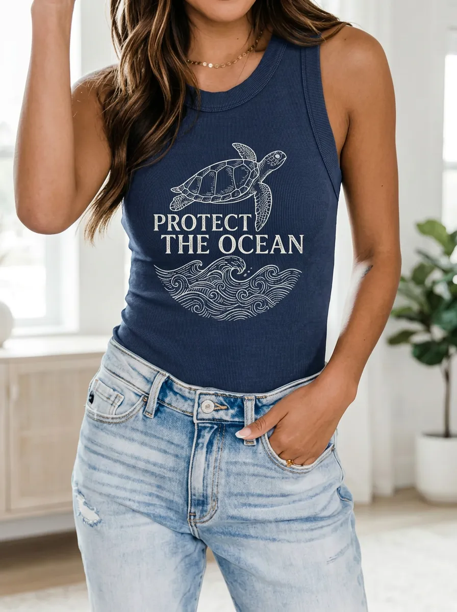 Women's Ocean Lover Sea Turtle Protect The Ocean Printed Tank Top