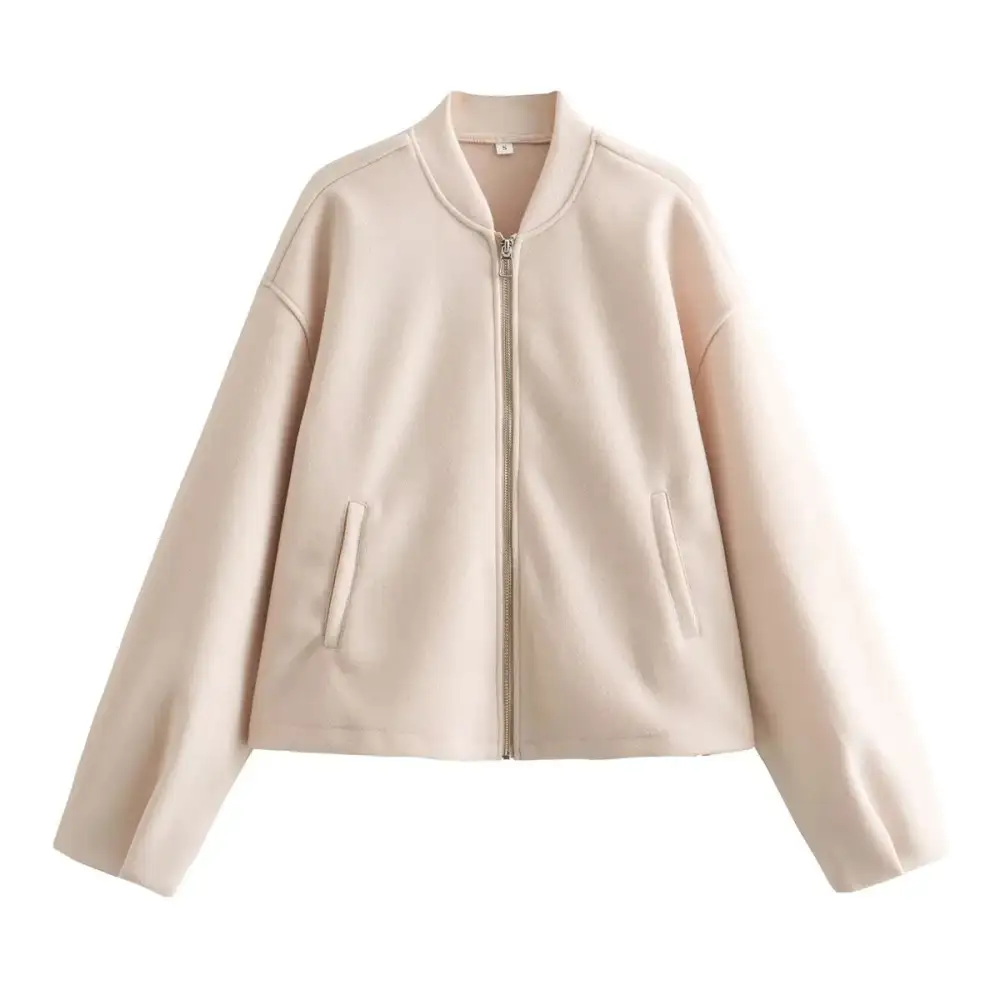 Relaxed Cropped Zip Front Bomber Jacket