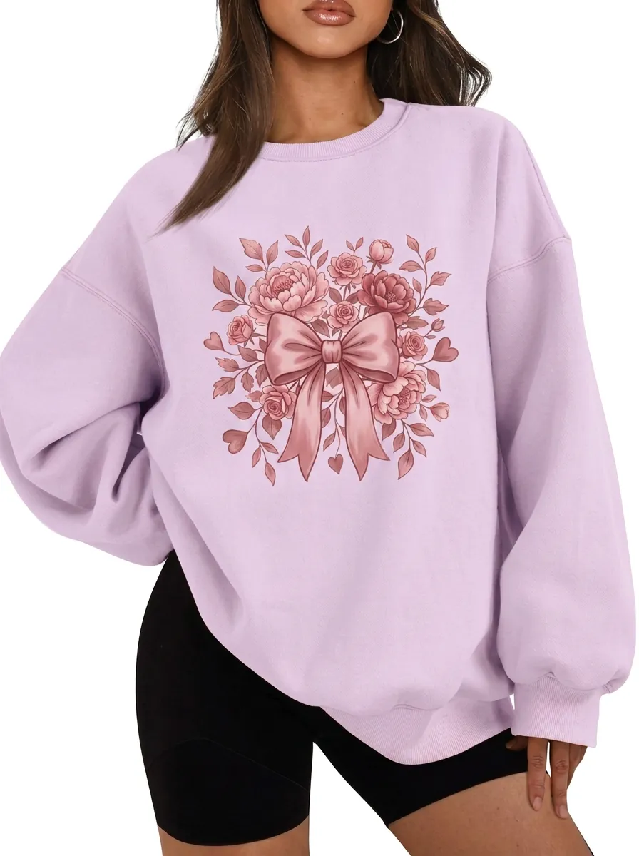 Women's Breast Cancer Awareness Pink Bow Floral Printed Sweatshirt