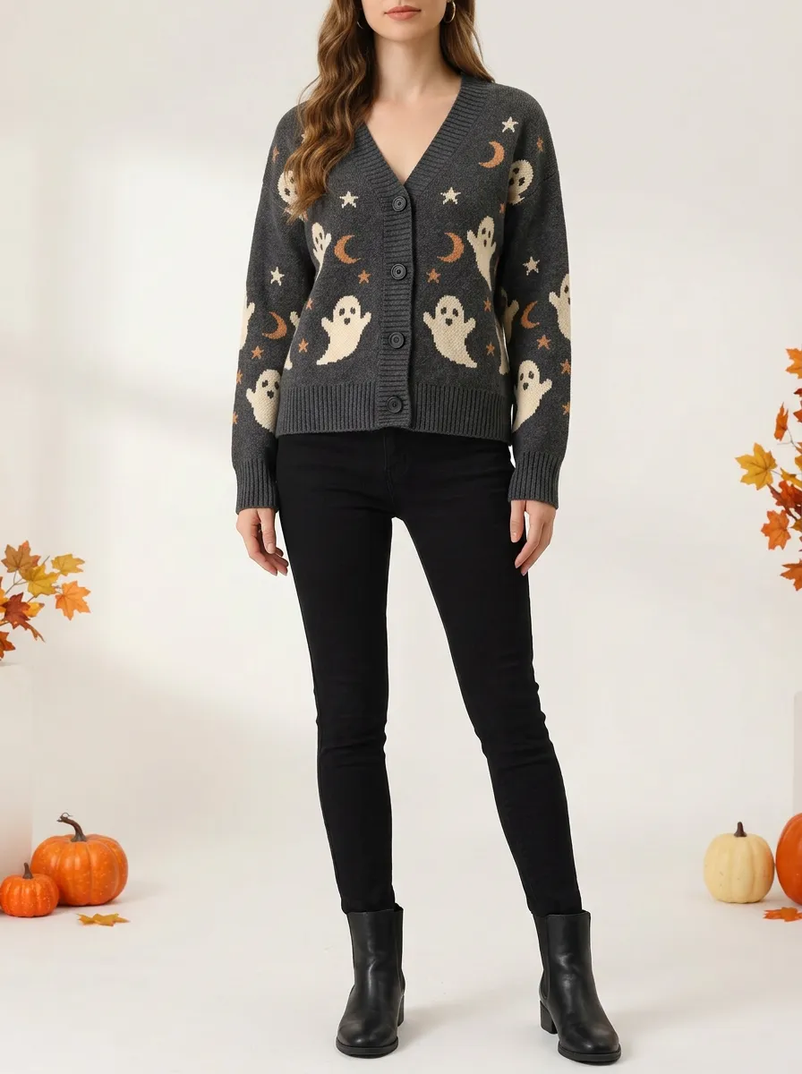 Women's Halloween Ghost Moon Star Patterned Knitted Cardigan