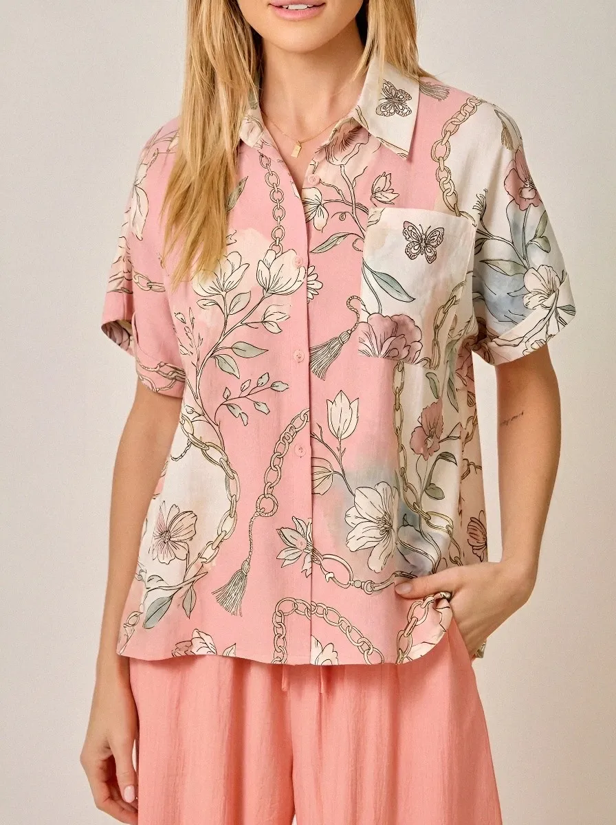 Women's Floral Butterfly Chain Print Button Down Shirt