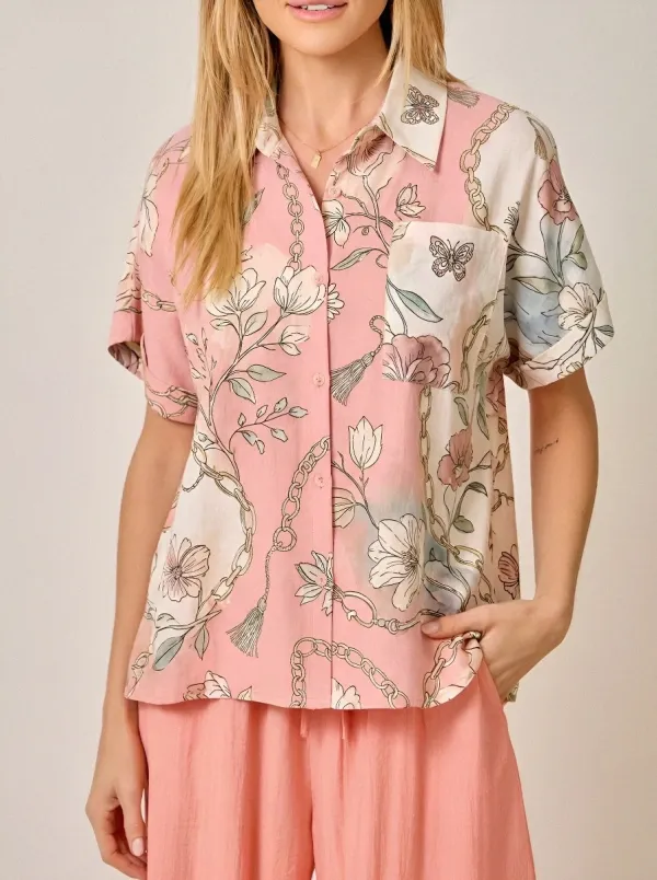 Women's Floral Butterfly Chain Print Button Down Shirt