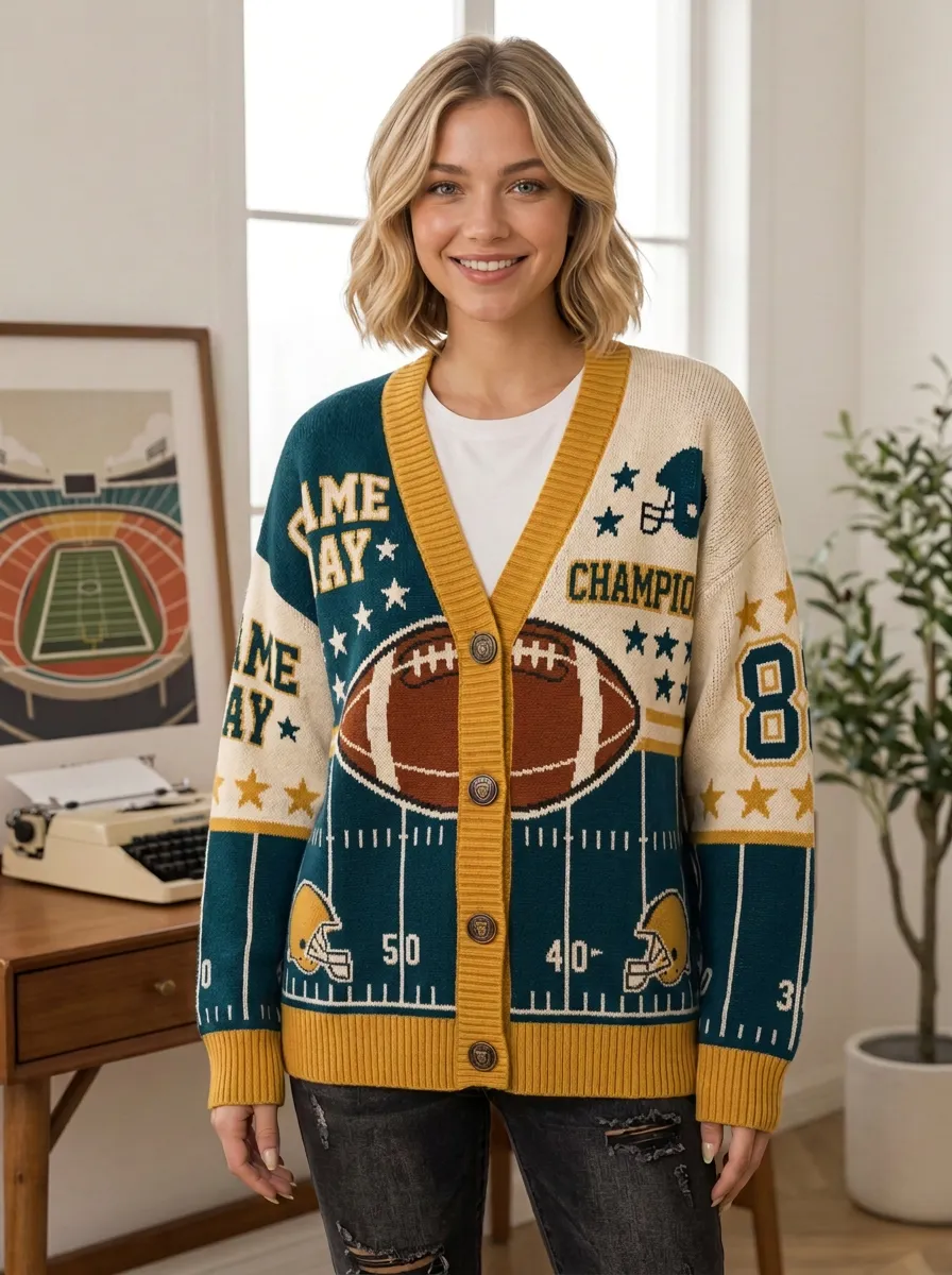 Women's Football Fan Game Day Champion Pattern Knitted Cardigan