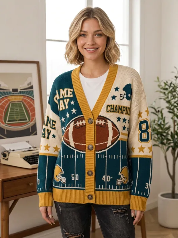 Women's Football Fan Game Day Champion Pattern Knitted Cardigan