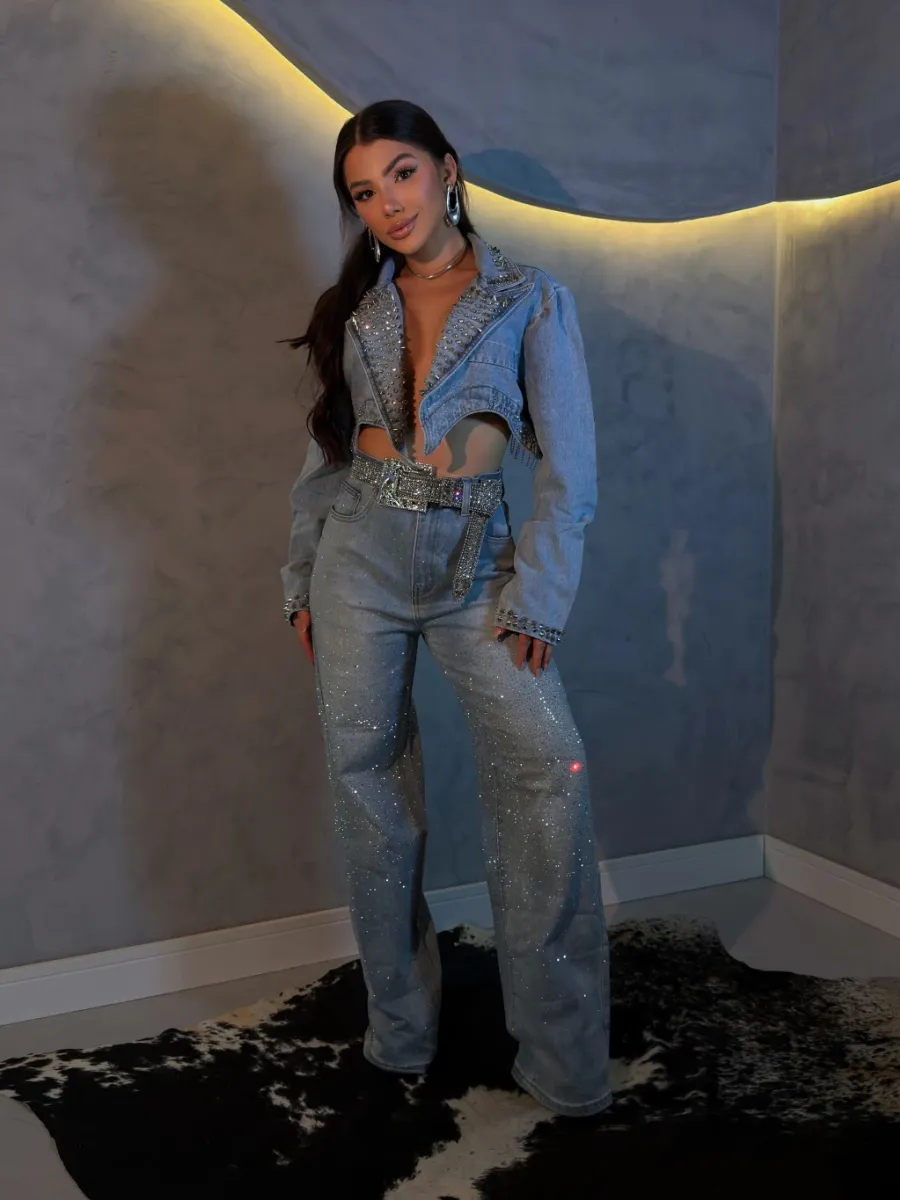 Luna Rhinestone Denim Cropped Blazer & Wide-Leg Pant Set