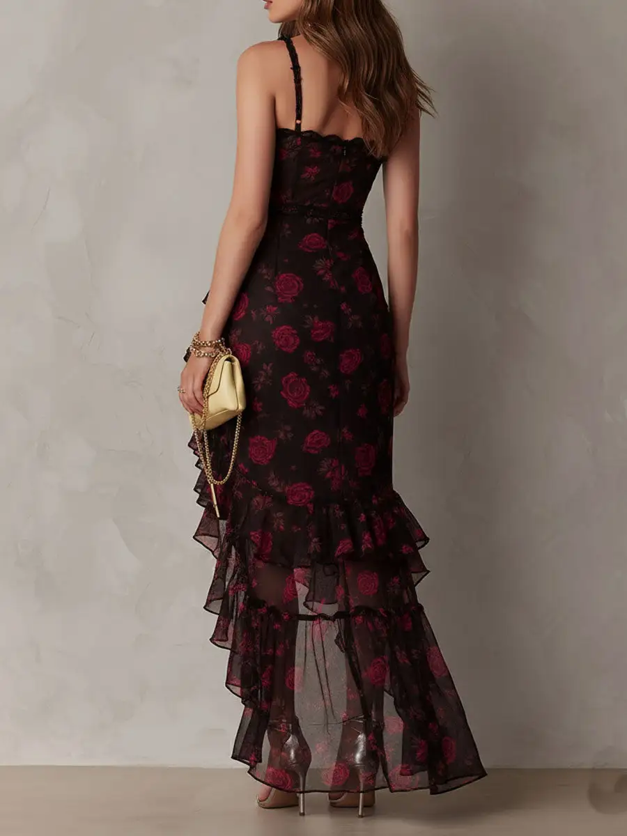 Boho Chic Black And Red Floral Ruched Lace-Trim Ruffle Hem Dress