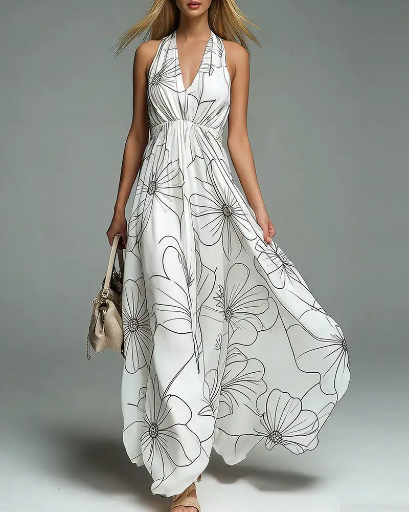 Boho Halter Neck Deep-V Flowy Maxi Dress