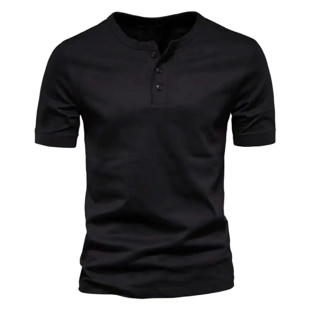 Men's Tailored Short-Sleeve Henley Shirt Cotton Blend With Button Placket