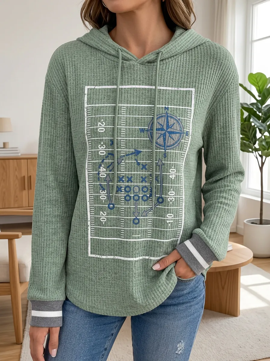 Women's Football Playbook Compass Printed Waffle Hoodie