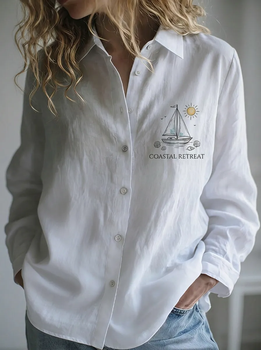 Women's Coastal Retreat Sailboat Seashell Printed Button-down Shirt