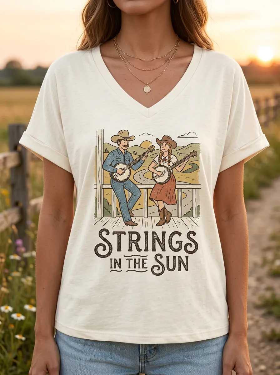 Western Banjo Women's Country Music V-Neck T-Shirt