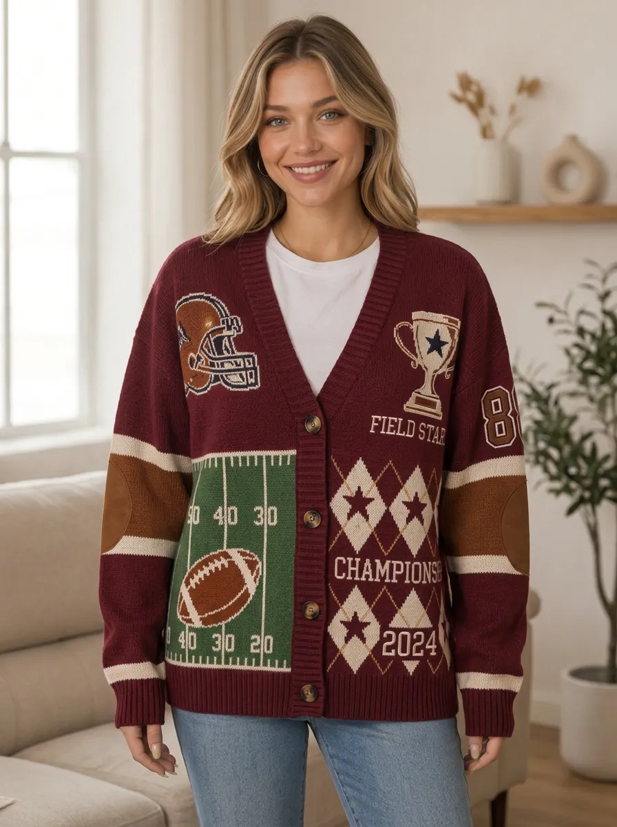 Women's Football Fan Championship Helmet Field Pattern Knitted Cardigan