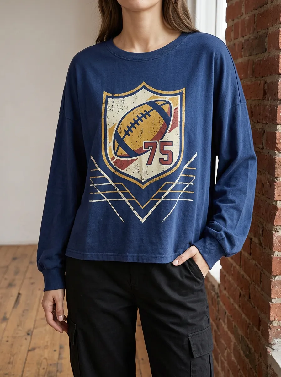 Women's Football Fan Vintage 75 Shield Printed Long Sleeve Top