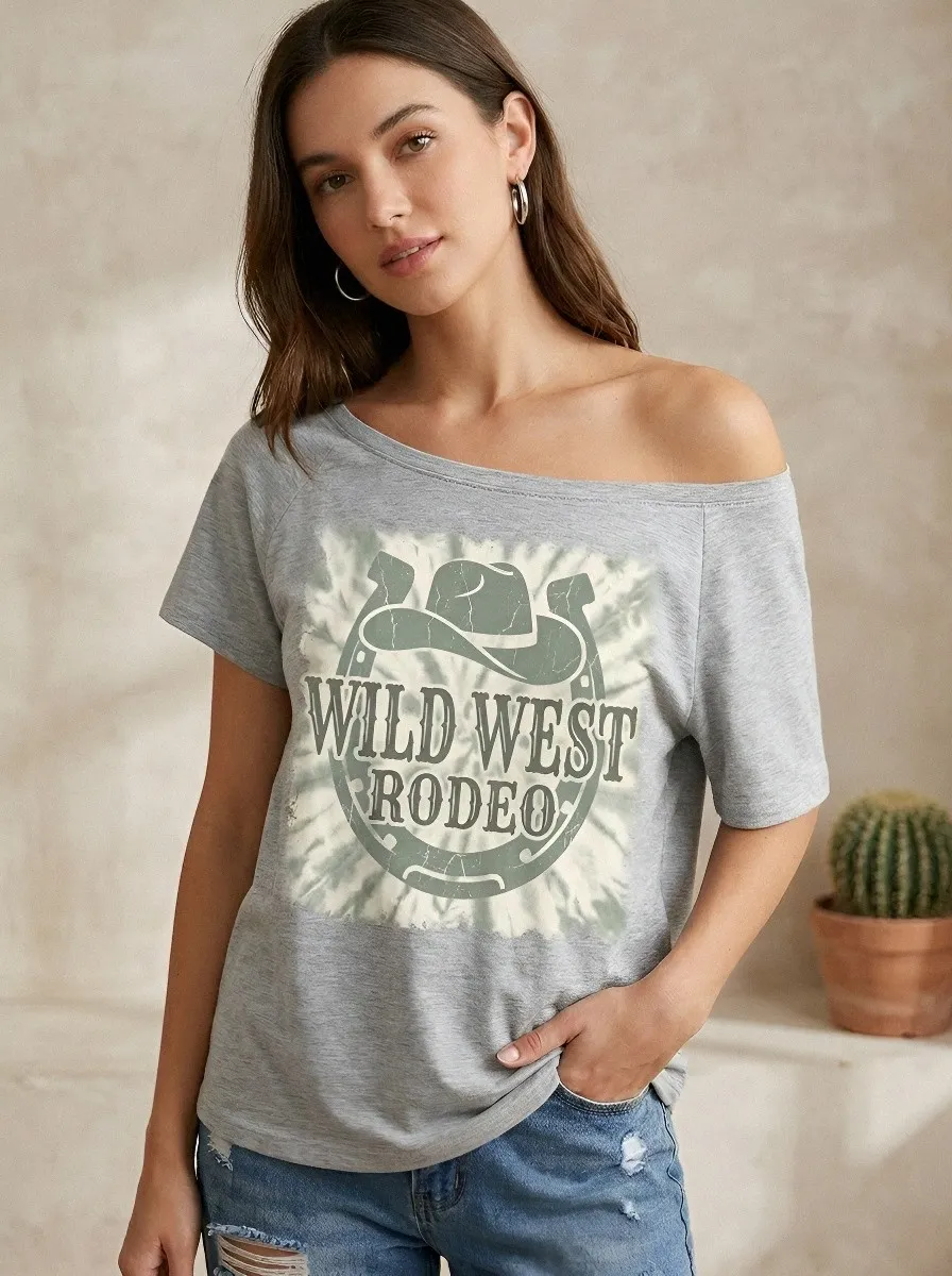 Women's Western Rodeo Cowboy Hat Horseshoe Printed Off-Shoulder T-shirt