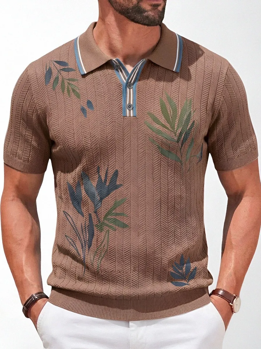 Men's Casual Tropical Leaf Printed Knit Polo Shirt