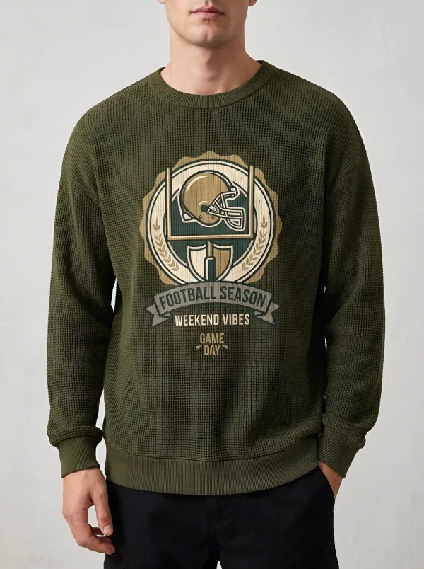 Men's Football Season Helmet Graphic Printed Waffle Sweatshirt