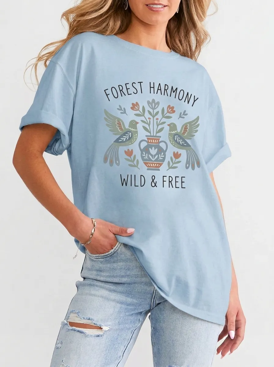 Women's Nature Lover Forest Harmony Bird Floral Printed T-shirt