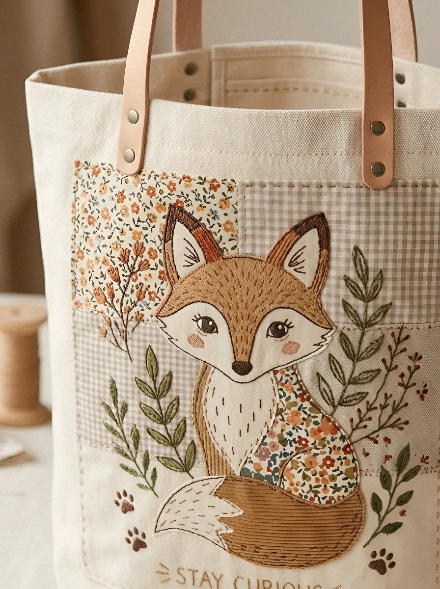 Fox Lover Stay Curious Floral Patchwork Printed Tote Bag