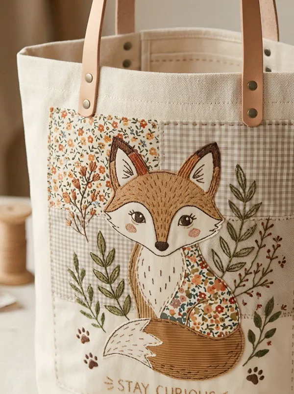 Fox Lover Stay Curious Floral Patchwork Printed Tote Bag