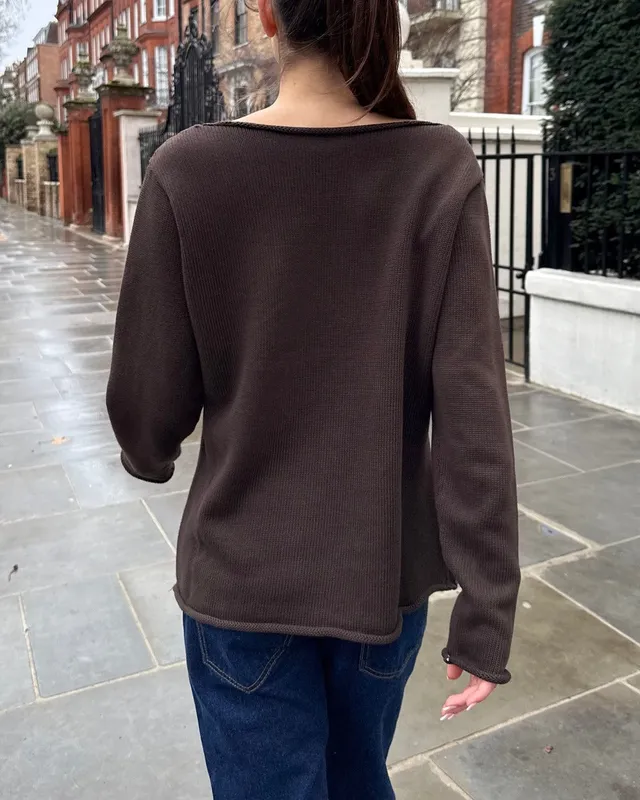 Dark Brown Raw Hem Sweater