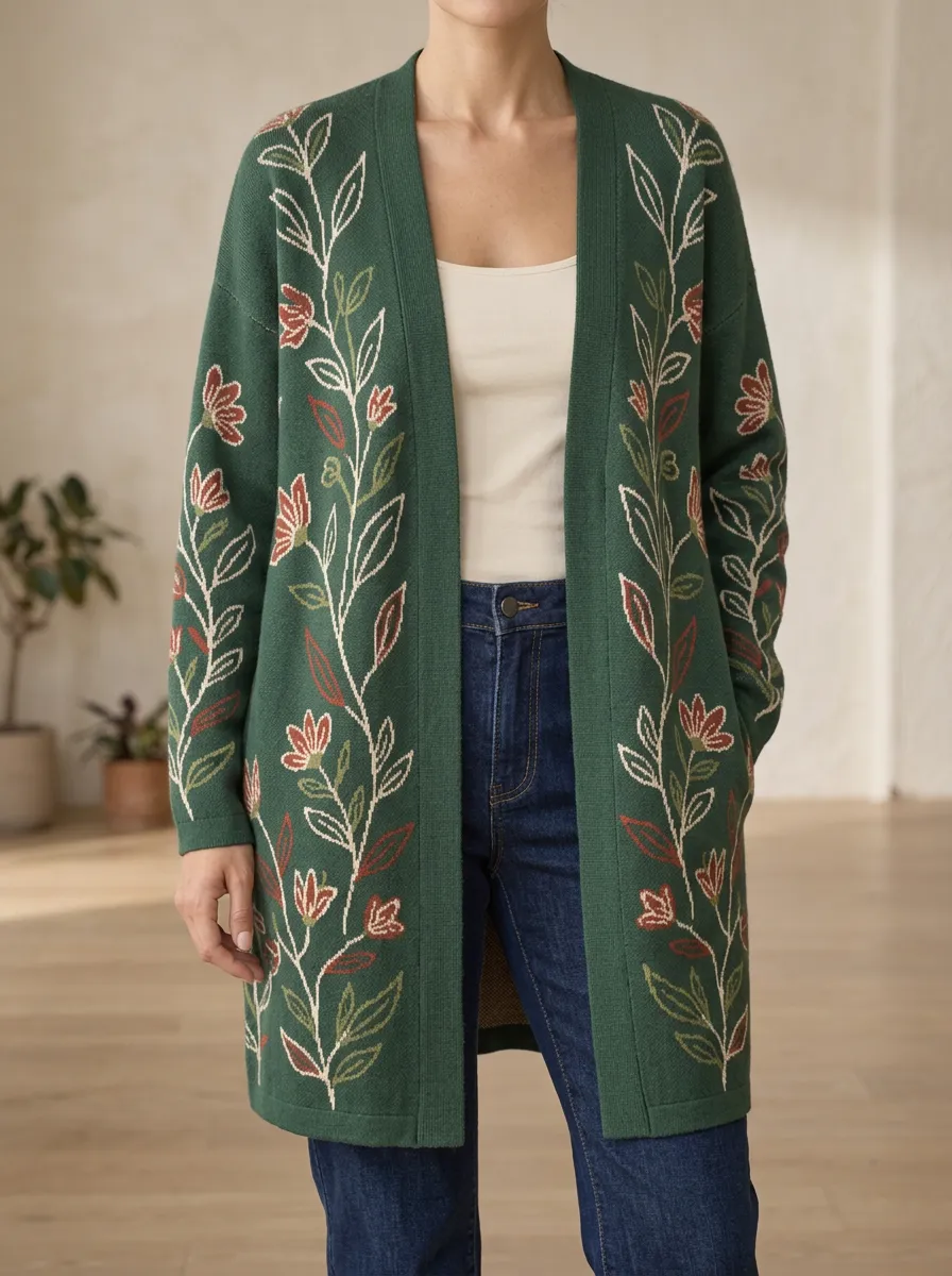 Women's Botanical Floral Green Printed Cardigan