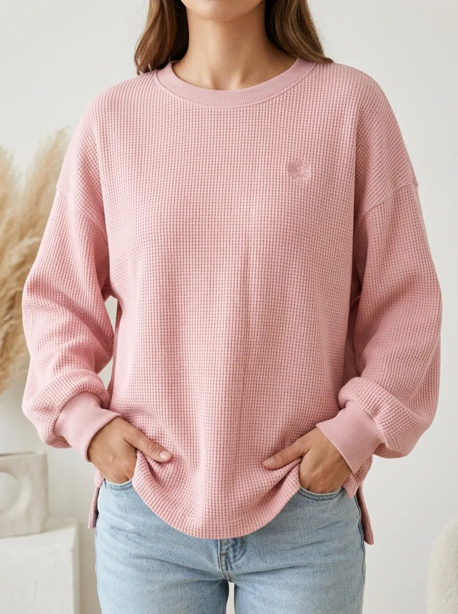 Women's Pink Minimalist Flower Embroidered Waffle Knit Sweatshirt