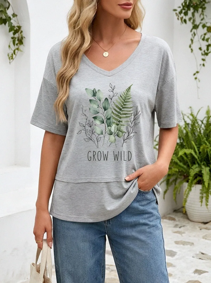 Women's Nature Lover Grow Wild Fern Eucalyptus Printed V-neck T-shirt