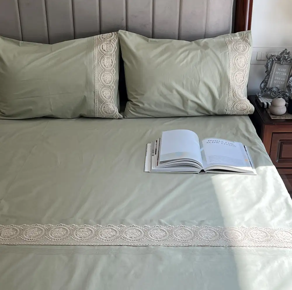 Forest Green Cotton Embroidered Lace Bed Sheet Set