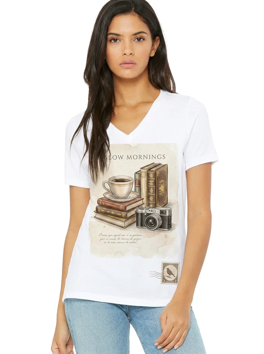 Women's Book Lover Slow Mornings Coffee Camera Printed V-neck T-shirt