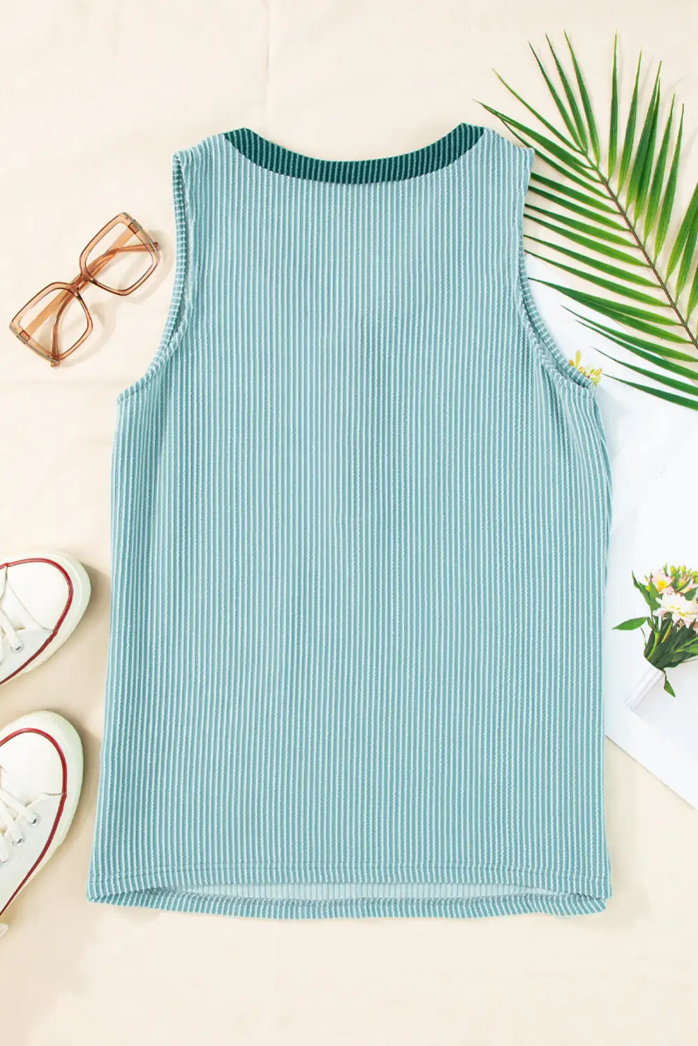 Mint Buttoned Contrast V Neck Textured Tank Top