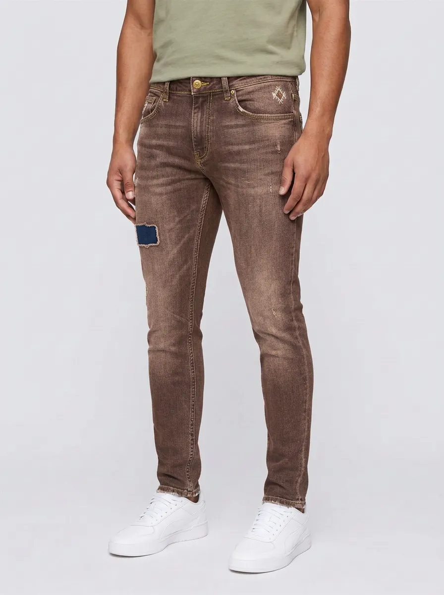 Men's Geometric Embroidered Patchwork Distressed Slim-Fit Jeans