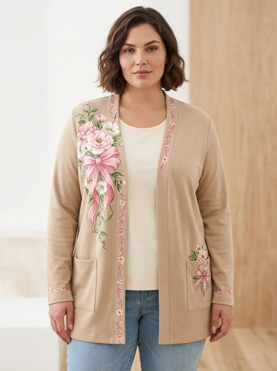 Women's Breast Cancer Awareness Pink Ribbon Floral Printed Cardigan