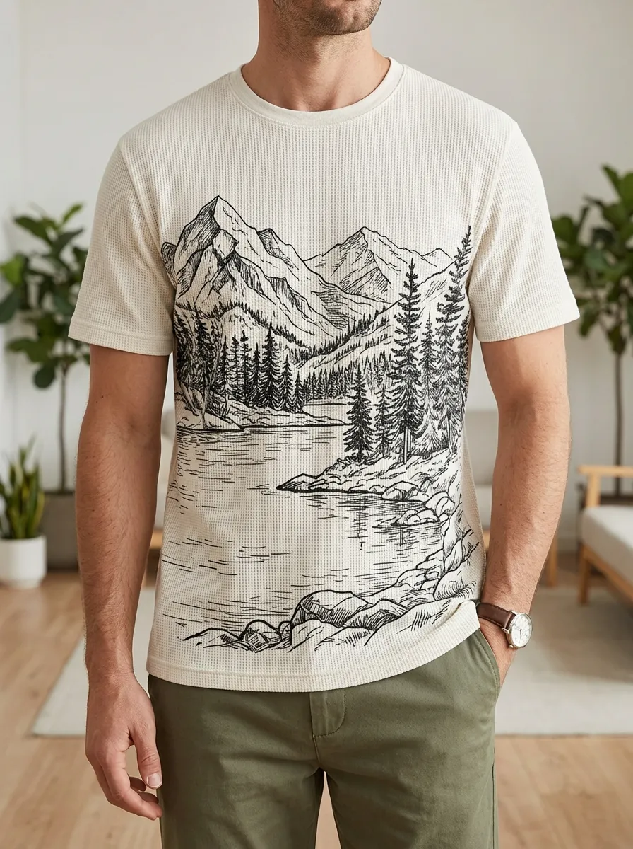 Men's Nature Lover Mountain Lake Sketch Modern Crew Neck T-Shirt