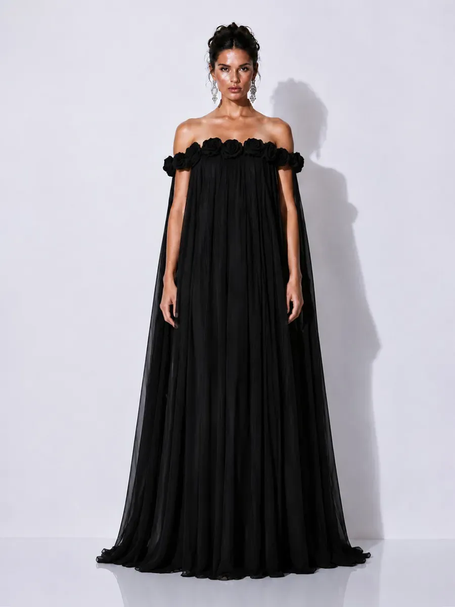 Grace 3D Floral Pleated Off-Shoulder Maxi Dress