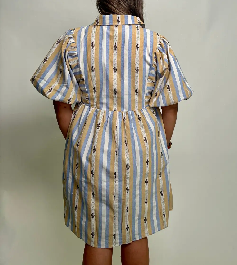 Striped Puff Sleeve Collared Dress