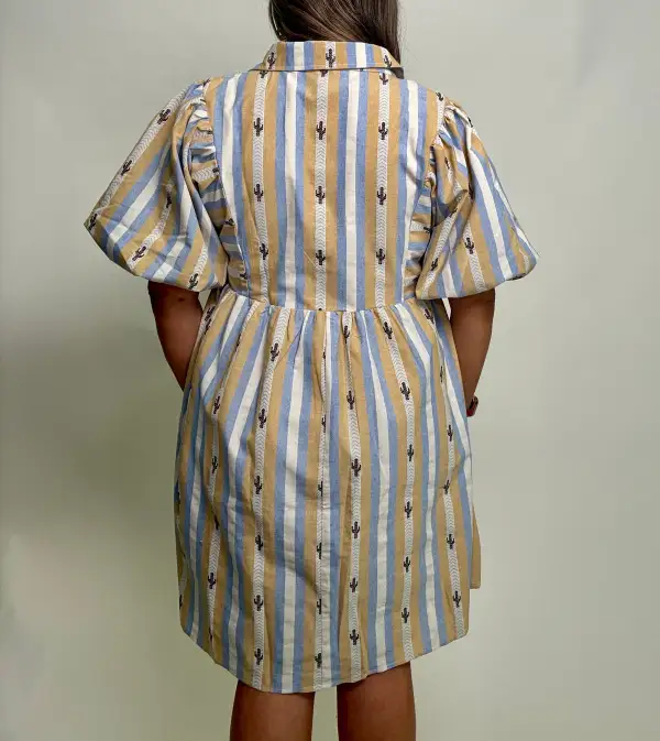 Striped Puff Sleeve Collared Dress