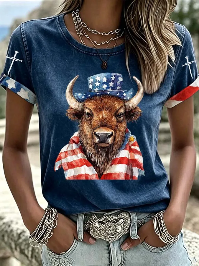 Women'S Western Style American Flag Cross Casual T-Shirt