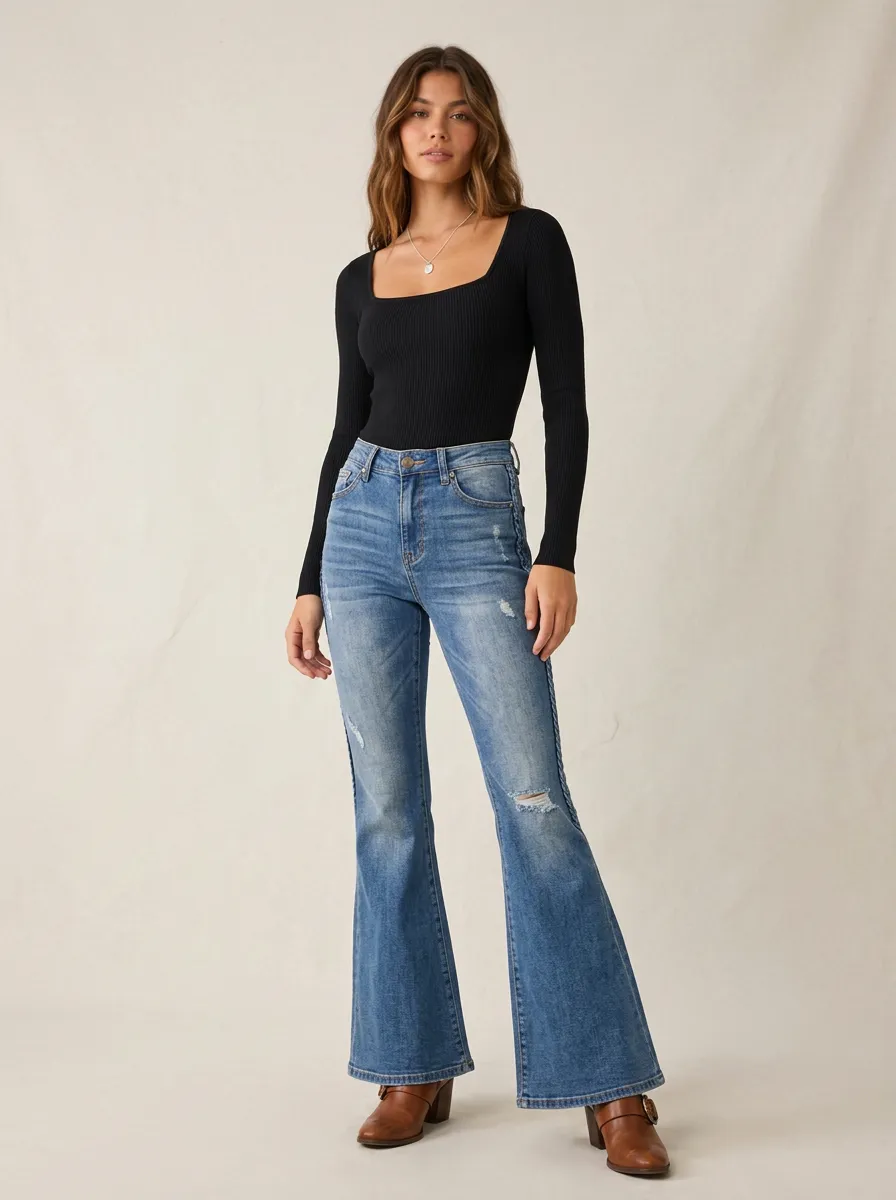 Women's Modern High-Waisted Distressed Flare Denim Flare Jeans