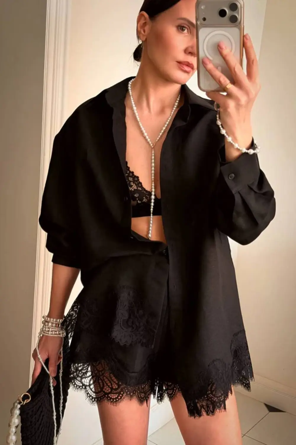 Emma Lapel Long-Sleeve Shirt & Lace-Paneled Shorts Set