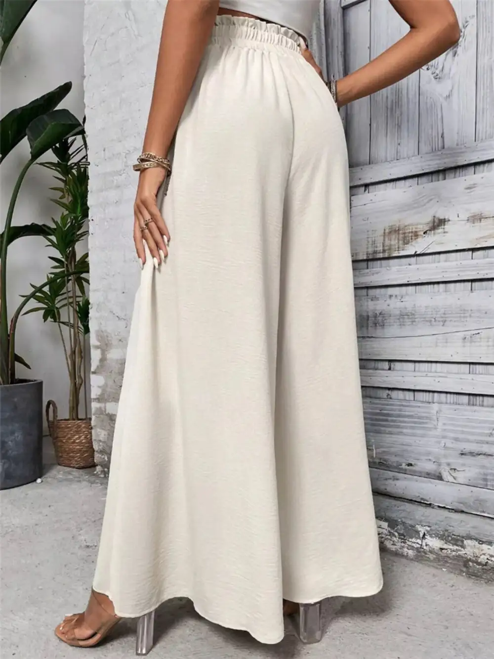 Wide Leg Ruffle Detail Casual Everyday Pants