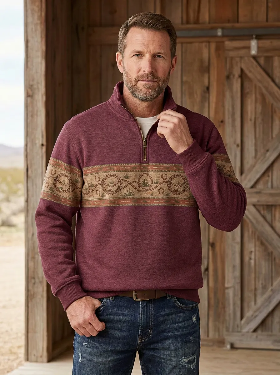 Men's Western Cowboy Horseshoe Horse Lasso Quarter-Zip Sweatshirt