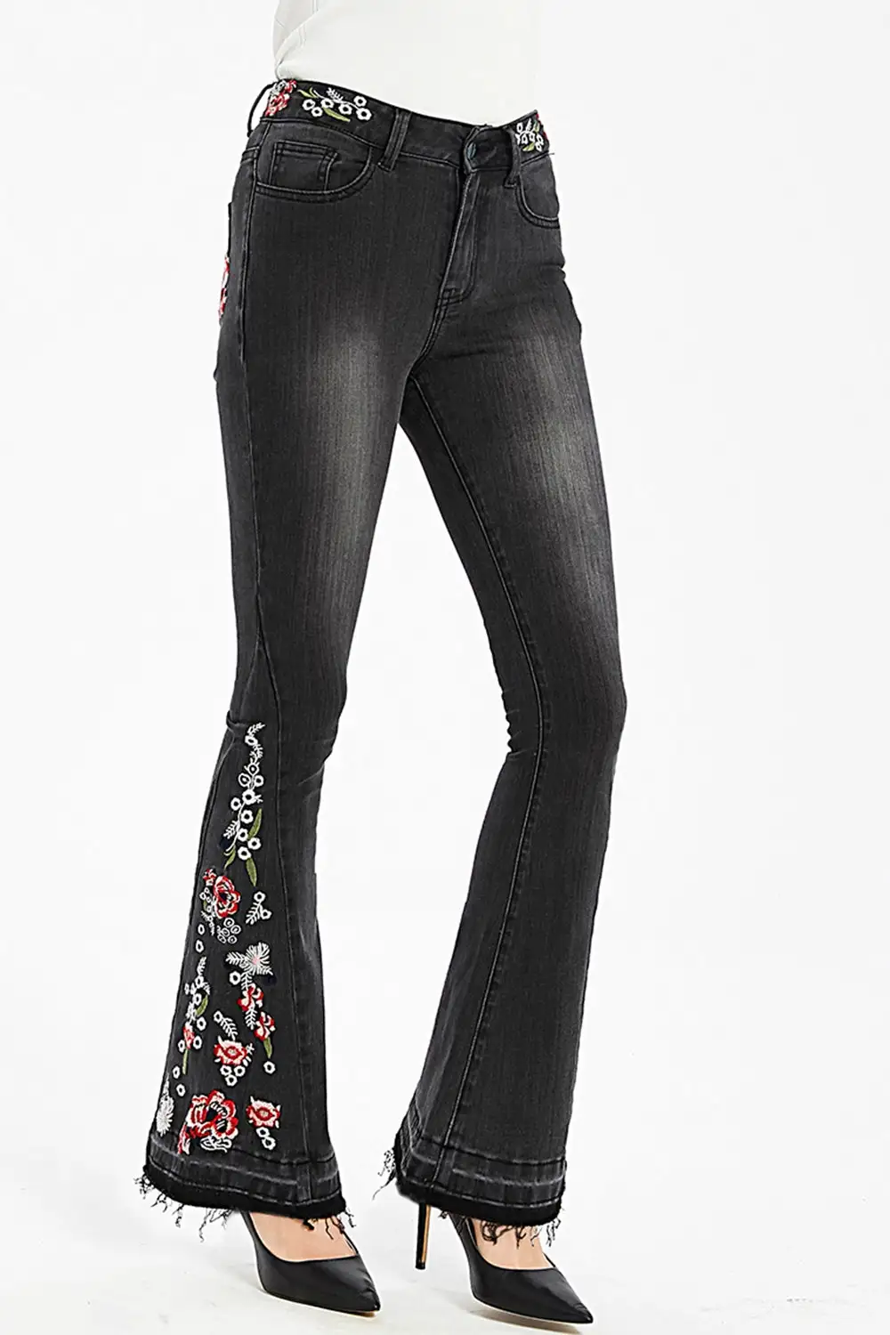 Raw Hem Flower Embroidery Denim Jeans