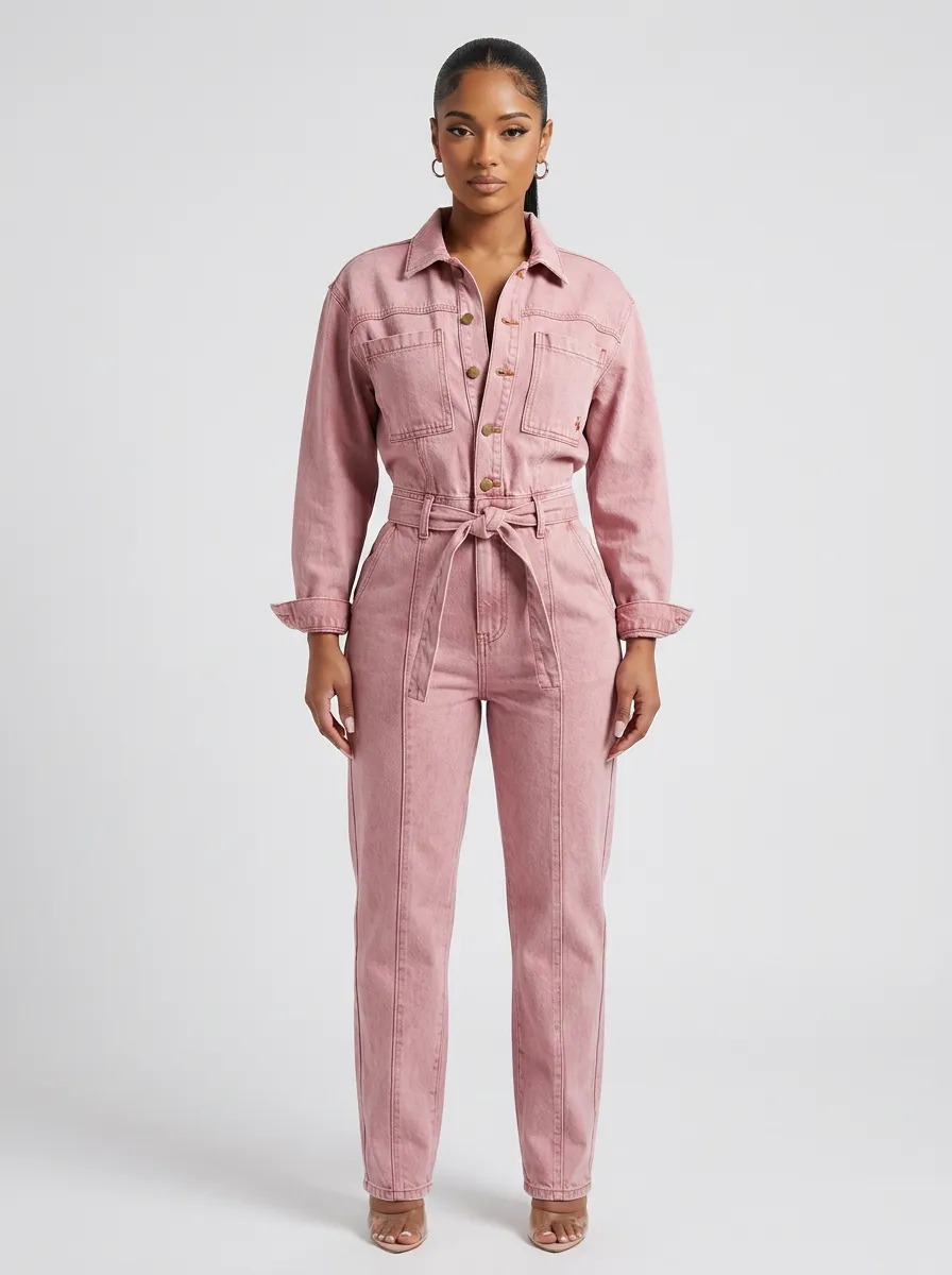 Pink Washed Belted Denim Jumpsuit